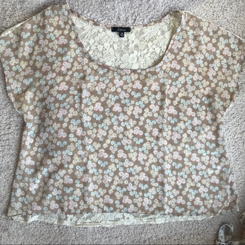 Soprano Tan Lace and Floral Chiffon Sheer Blouse, size Medium